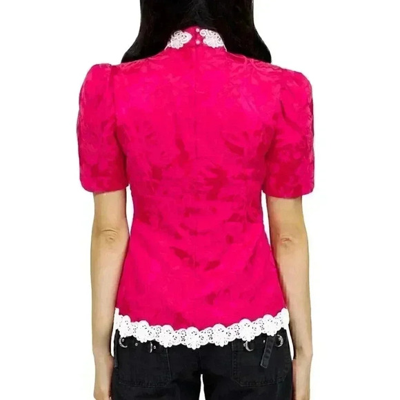 Vintage Pink Puff Sleeve Blouse Size Small Mock Neck Top Lace Key Hole Blouse - Picture 2 of 4